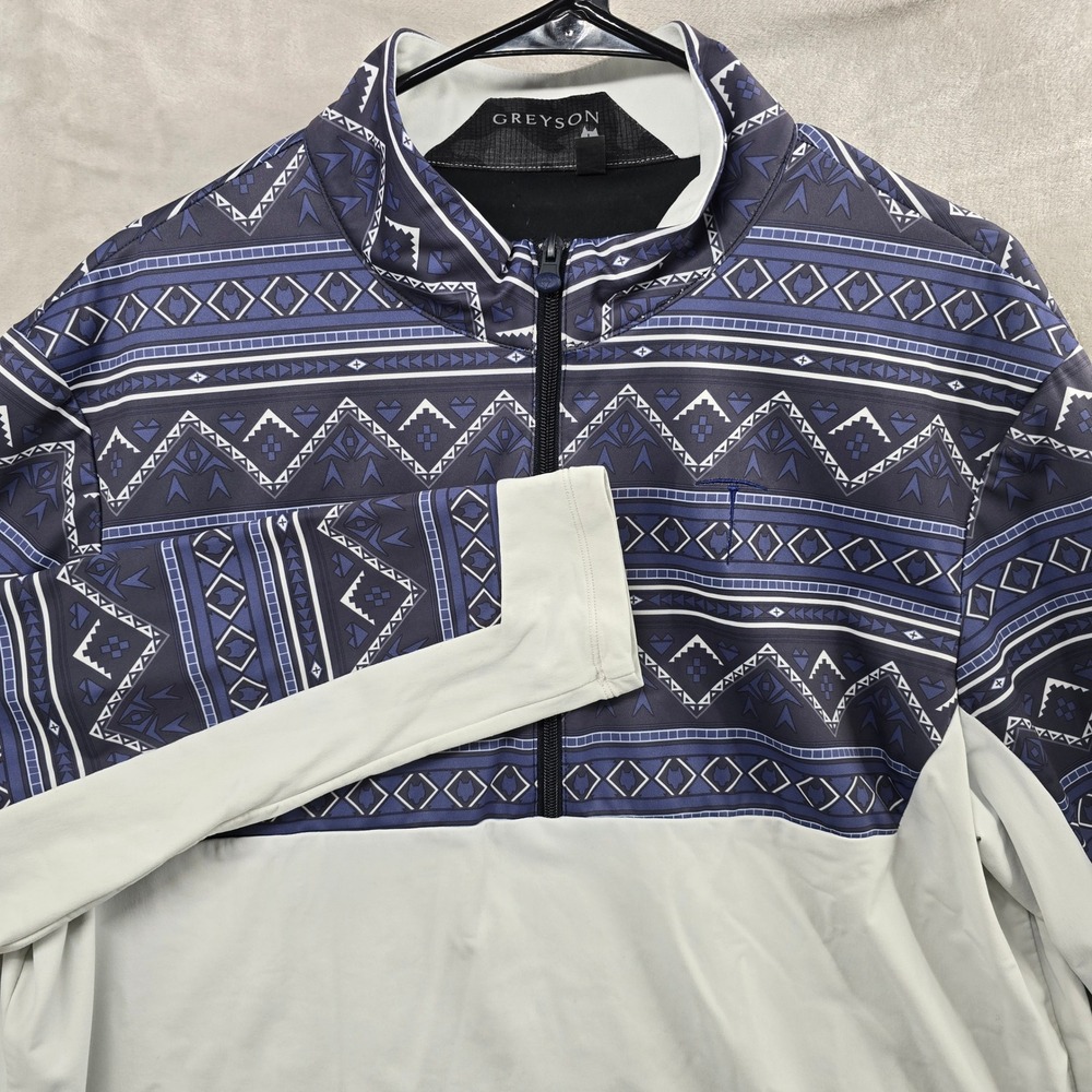 Greyson Size Large Blue White Aztec Geometric 1/4 Zip Golf Pullover Sweater